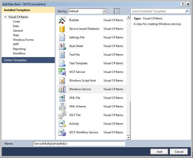 Windows Service in installed C# templates